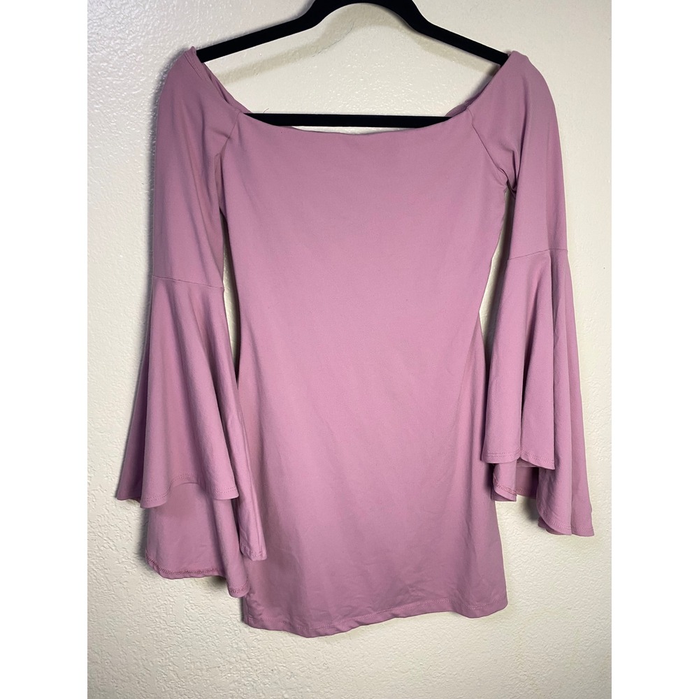 Susana Monaco Mauve Pink Off Shoulder Tiered Bell Sleeve Mini Dress XS Retro - Picture 3 of 6